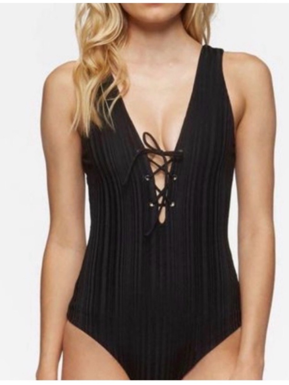 Anthropologie x Tavik Women's Black Roan Ribbed Lace-Up Swimsuit, Size L